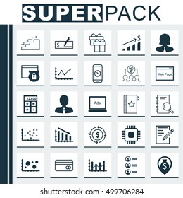 Set Of 25 Universal Editable Icons For Advertising, Project Management And Computer Hardware Topics. Includes Icons Such As Changes Graph, Money Recycle, Money Navigation And More.