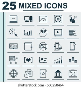 Set Of 25 Universal Editable Icons For Statistics, Human Resources And Marketing Topics. Includes Icons Such As Warranty, Wallet, Desktop Computer And More.