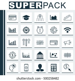 Set Of 25 Universal Editable Icons For Advertising, Education And Business Management Topics. Includes Icons Such As PPC, Raise Diagram, Time Management And More.