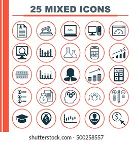 Set Of 25 Universal Editable Icons For Marketing, Project Management And Statistics Topics. Includes Icons Such As Stock Market, Digital Media, Laptop And More.