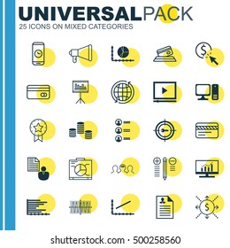 Set Of 25 Universal Editable Icons For Travel, Human Resources And Advertising Topics. Includes Icons Such As Market Research, Line Up, PPC And More.
