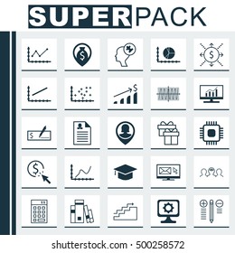 Set Of 25 Universal Editable Icons For Computer Hardware, Advertising And Business Management Topics. Includes Icons Such As Newsletter, Circle Graph, Human Mind And More.