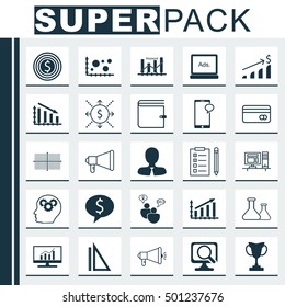 Set Of 25 Universal Editable Icons For Advertising, Education And Airport Topics. Includes Icons Such As Chemical, SEO Brainstorm, Comparsion And More.