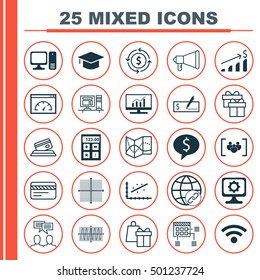 Set Of 25 Universal Editable Icons For Project Management, Computer Hardware And Education Topics. Includes Icons Such As Graduation, Cosinus Diagram, Announcement And More.