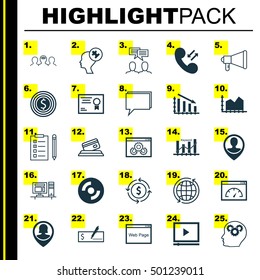 Set Of 25 Universal Editable Icons For Advertising, Computer Hardware And Travel Topics. Includes Icons Such As Pin Employee, Announcement, World And More.