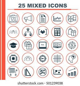 Set Of 25 Universal Editable Icons For Marketing, Education And Travel Topics. Includes Icons Such As Keyword Marketing, Announcement, Financial And More.
