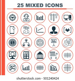 Set Of 25 Universal Editable Icons For Human Resources, SEO And Education Topics. Includes Icons Such As Graphical Grid, Forbidden Mobile, Report And More.