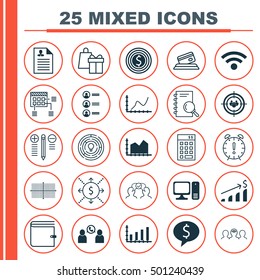 Set Of 25 Universal Editable Icons For Statistics, Business Management And Computer Hardware Topics. Includes Icons Such As Investment, Time Management, Wireless And More.