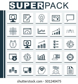 Set Of 25 Universal Editable Icons For Education, Human Resources And Project Management Topics. Includes Icons Such As Desktop Computer, Coins Growth, Currency Recycle And More.
