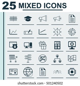 Set Of 25 Universal Editable Icons For Travel, Marketing And Business Management Topics. Includes Icons Such As Line Up, PC, Female Application And More.