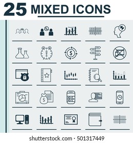 Set Of 25 Universal Editable Icons For Business Management, Marketing And Travel Topics. Includes Icons Such As Analysis, Security, Stock Market And More.