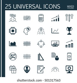 Set Of 25 Universal Editable Icons For Business Management, Statistics And Education Topics. Includes Icons Such As Calculation, Report, Forbidden Mobile And More.