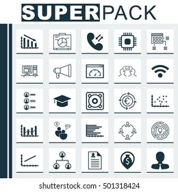 Set Of 25 Universal Editable Icons For Marketing, Computer Hardware And Education Topics. Includes Icons Such As Announcement, Raise Diagram, Fail Graph And More.
