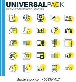 Set Of 25 Universal Editable Icons For Statistics, Education And Computer Hardware Topics. Includes Icons Such As Calculation, Stock Market, Human Mind And More.