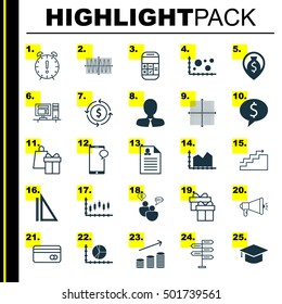 Set Of 25 Universal Editable Icons For Management, Human Resources And Statistics Topics. Includes Icons Such As Shopping, Comparsion, SEO Brainstorm And More.