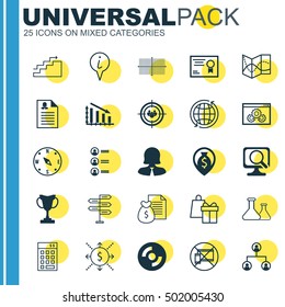 Set Of 25 Universal Editable Icons For Traveling, Management And Computer Hardware Topics. Includes Icons Such As Focus Group, Info Pointer, Road Map And More.