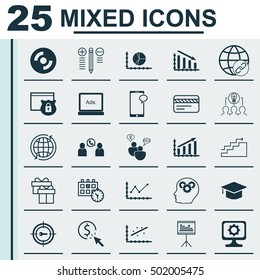 Set Of 25 Universal Editable Icons For Project Management, Marketing And School Topics. Includes Icons Such As PPC, Phone Conference, Graduation And More.