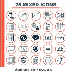 Set Of 25 Universal Editable Icons For Travel, Business Management And Advertising Topics. Includes Icons Such As Board, Questionnaire, Conference And More.