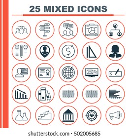 Set Of 25 Universal Editable Icons For Education, Business Management And Transportation Topics. Includes Icons Such As Cooperation, Measurement, World And More.
