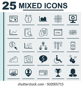 Set Of 25 Universal Editable Icons For Hr, Marketing And Travel Topics. Includes Icons Such As Sequence Graphics, Plot Diagram, Graphical Grid And More.