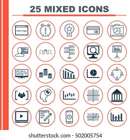 Set Of 25 Universal Editable Icons For School, SEO And Computer Hardware Topics. Includes Icons Such As Paper, Opportunity, Stock Market And More.