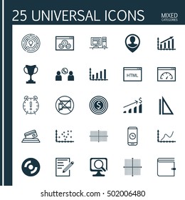 Set Of 25 Universal Editable Icons For Education, Advertising And Transportation Topics. Includes Icons Such As Tournament, Profit Graph, Graphical Grid And More.