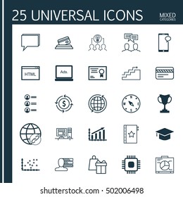 Set Of 25 Universal Editable Icons For Management, Advertising And Education Topics. Includes Icons Such As Certificate, Profit Graph, Growth And More.