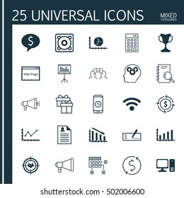 Set Of 25 Universal Editable Icons For Marketing, Advertising And Management Topics. Includes Icons Such As Website, Money Recycle, Desktop Computer And More.