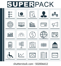 Set Of 25 Universal Editable Icons For Travel, Education And Statistics Topics. Includes Icons Such As Accessibility, Innovation, Money And More.