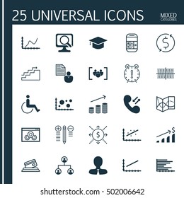 Set Of 25 Universal Editable Icons For Statistics, Advertising And Transportation Topics. Includes Icons Such As Road Map, Calculation, Money Trasnfer And More.