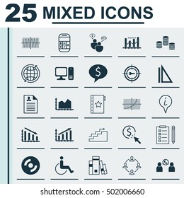 Set Of 25 Universal Editable Icons For Computer Hardware, Management And Advertising Topics. Includes Icons Such As Info Pointer, World, Desktop Computer And More.