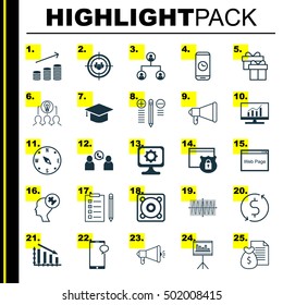 Set Of 25 Universal Editable Icons For Computer Hardware, Project Management And Traveling Topics. Includes Icons Such As Human Mind, Locate, Fail Graph And More.