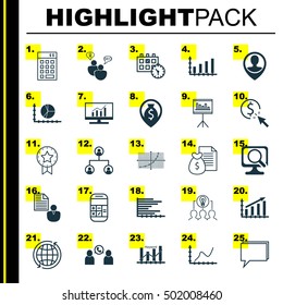 Set Of 25 Universal Editable Icons For Management, Travel And Computer Hardware Topics. Includes Icons Such As Present Badge, Tree Structure, Market Research And More.