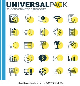Set Of 25 Universal Editable Icons For Management, SEO And Marketing Topics. Includes Icons Such As Business Deal, Investment, Dynamics And More.