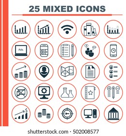 Set Of 25 Universal Editable Icons For School, Education And Human Resources Topics. Includes Icons Such As Profit Graph, Segmented Bar Graph, Calculation And More.