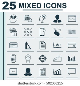 Set Of 25 Universal Editable Icons For Marketing, Tourism And Traveling Topics. Includes Icons Such As Calculation, Money, Present Badge And More.