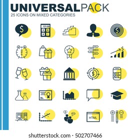 Set Of 25 Universal Editable Icons. Can Be Used For Web, Mobile And App Design. Includes Icons Such As Certificate, Shopping, Education Center And More.