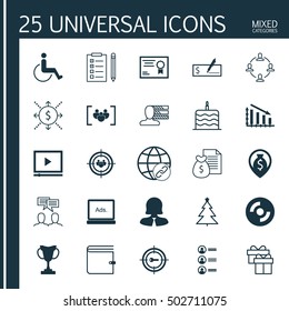 Set Of 25 Universal Editable Icons. Can Be Used For Web, Mobile And App Design. Includes Icons Such As Video Player, Decorated Tree, Accessibility And More.