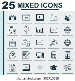 Set Of 25 Universal Editable Icons. Can Be Used For Web, Mobile And App Design. Includes Icons Such As Dynamics, Sliced Pizza, Achievement Graph And More.