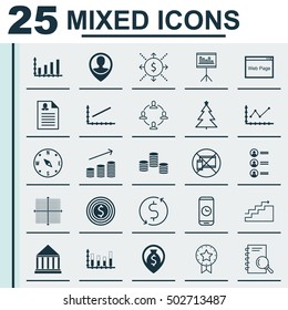 Set Of 25 Universal Editable Icons. Can Be Used For Web, Mobile And App Design. Includes Icons Such As Employee Location, Coins Growth, Female Application And More.