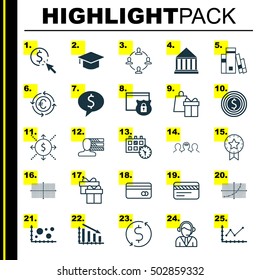 Set Of 25 Universal Editable Icons. Can Be Used For Web, Mobile And App Design. Includes Icons Such As Library, Currency Recycle, Present And More.