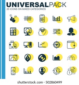 Set Of 25 Universal Editable Icons For Computer Hardware, Education And Project Management Topics. Includes Icons Such As Computer, Cooperation, Raise Diagram And More.