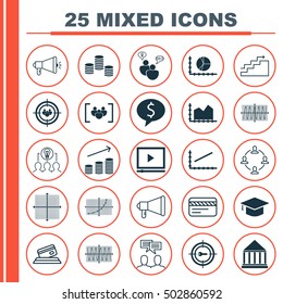 Set Of 25 Universal Editable Icons For Business Management, Human Resources And Airport Topics. Includes Icons Such As Graduation, Cosinus Diagram, Growth And More.