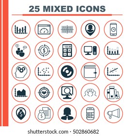 Set Of 25 Universal Editable Icons For Computer Hardware, Project Management And Human Resources Topics. Includes Icons Such As Brain Process, Money Recycle, Desktop Computer And More.