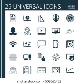Set Of 25 Universal Editable Icons For Business Management, Airport And Marketing Topics. Includes Icons Such As Currency Recycle, Desktop Computer, Circle Graph And More.