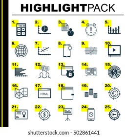 Set Of 25 Universal Editable Icons For Statistics, Human Resources And Project Management Topics. Includes Icons Such As Business Goal, Financial, Call Duration And More.