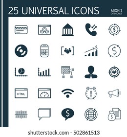 Set Of 25 Universal Editable Icons For Computer Hardware, Project Management And Advertising Topics. Includes Icons Such As Education Center, Cellular Data, Conference And More