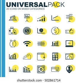 Set Of 25 Universal Editable Icons For Advertising, Airport And Statistics Topics. Includes Icons Such As Wallet, Presentation, Library And More.