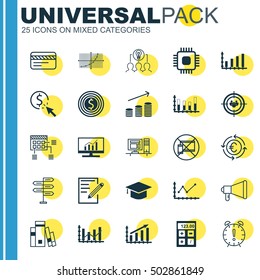 Set Of 25 Universal Editable Icons For Computer Hardware, Airport And Travel Topics. Includes Icons Such As Business Goal, Changes Graph, Bank Card And More.