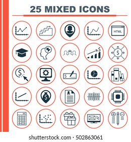 Set Of 25 Universal Editable Icons For Statistics, Business Management And Advertising Topics. Includes Icons Such As Cosinus Diagram, PPC, Achievement Graph And More.
